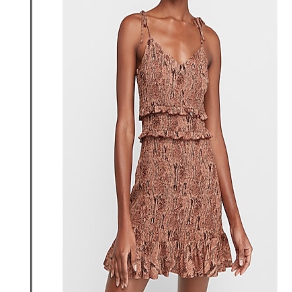 Animal Print Smocked Tie Sleeve Ruffle Dress